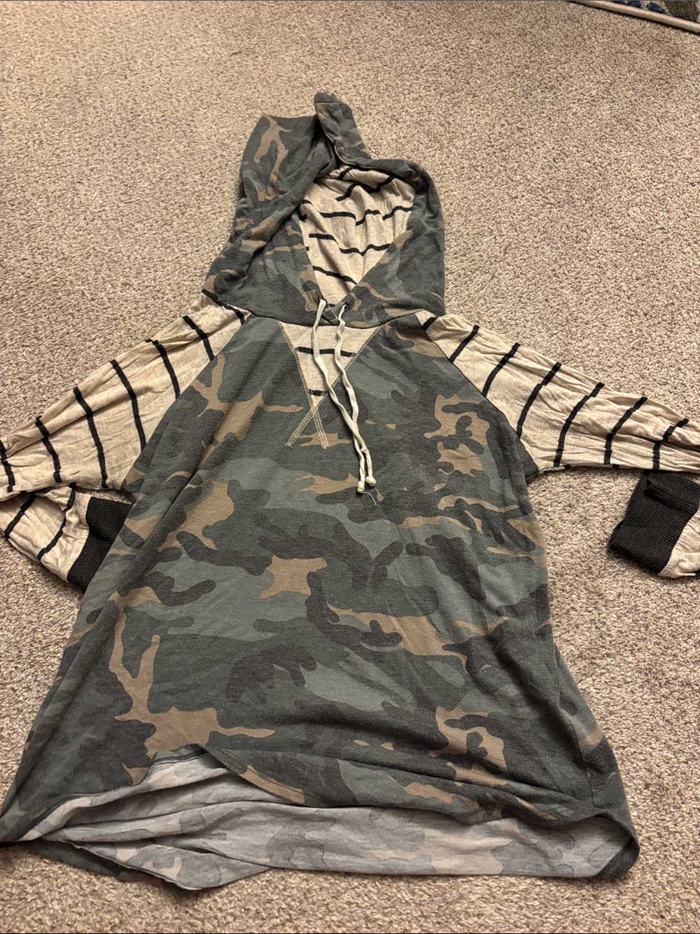 7th Ray Green and Tan Camo Hoodie with Striped Raglan Sleeves